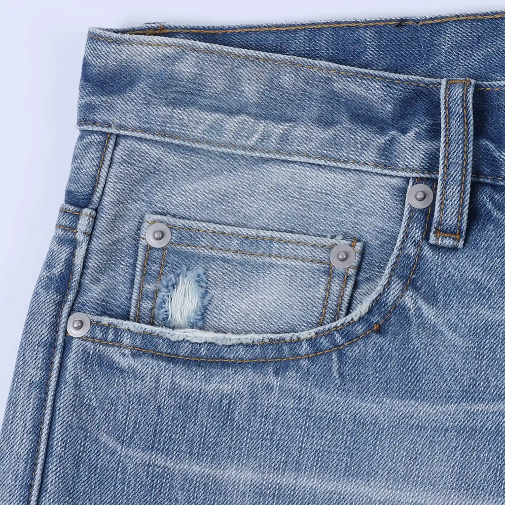 Men's Light Blue Wash Straight Ripped Jeans With Whiskers