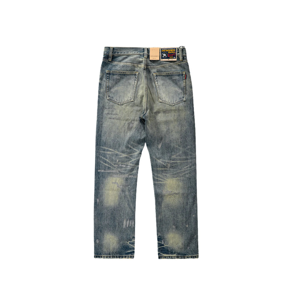 14oz Light Blue Straight Jeans With Whisked Distressed Jeans