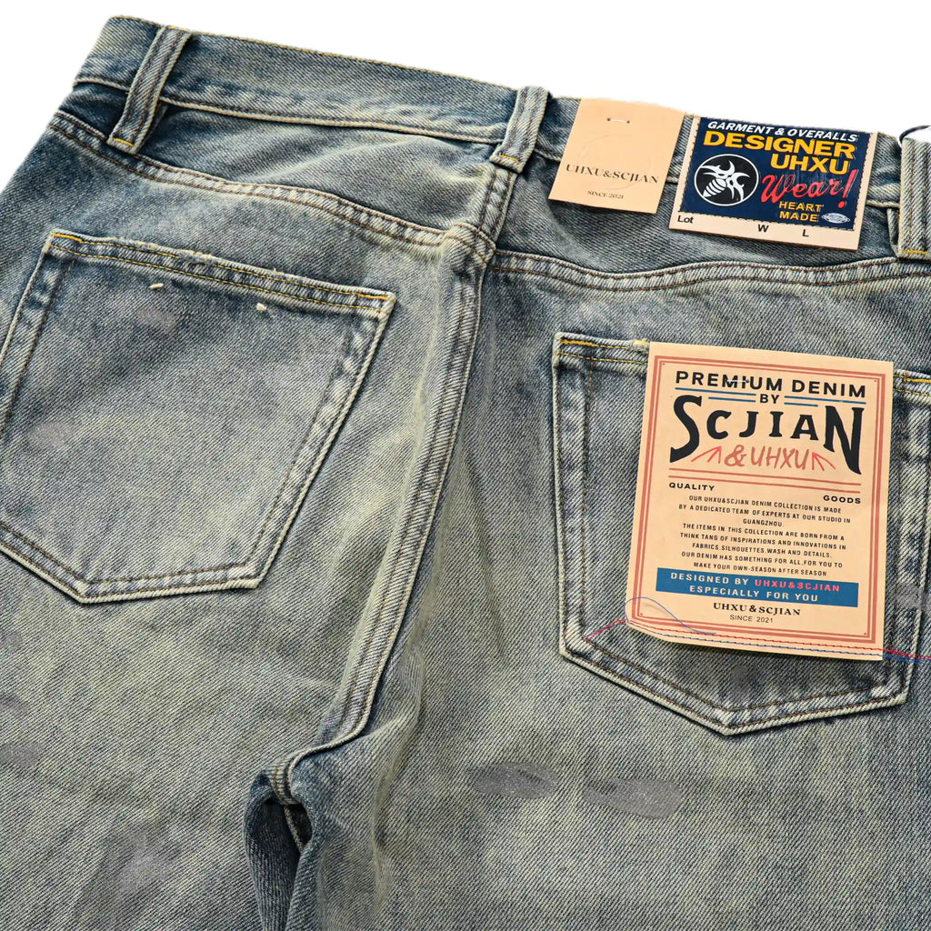 14oz Light Blue Straight Jeans With Whisked Distressed Jeans