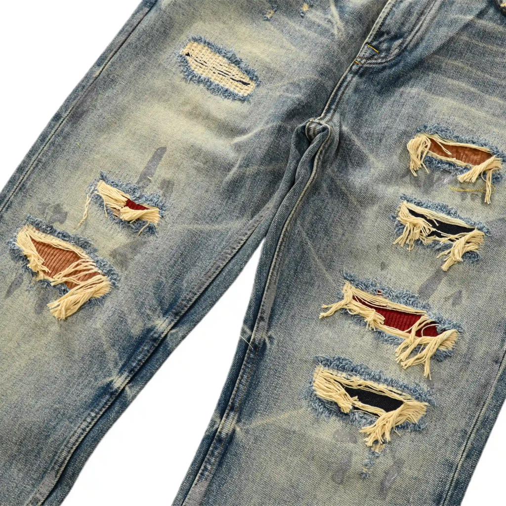 14oz Light Blue Straight Jeans With Whisked Distressed Jeans