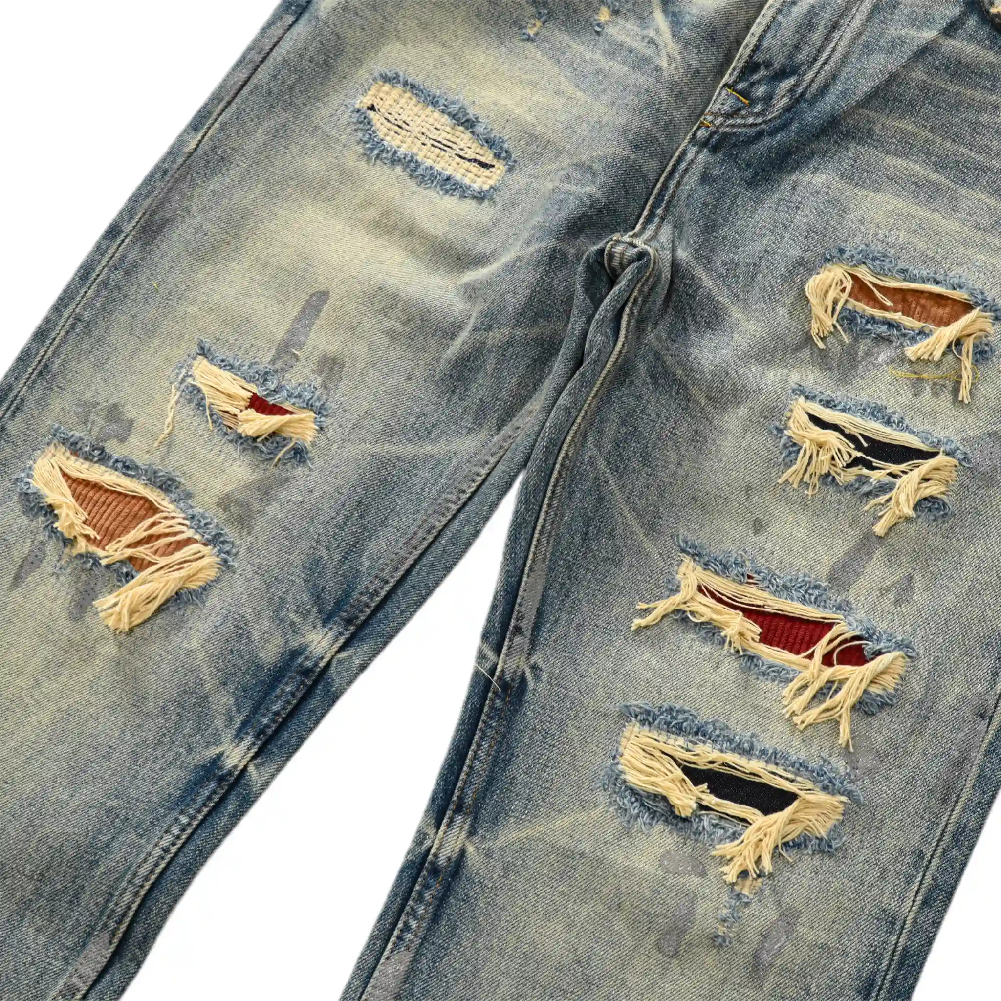 14oz Light Blue Straight Jeans With Whisked Distressed Jeans