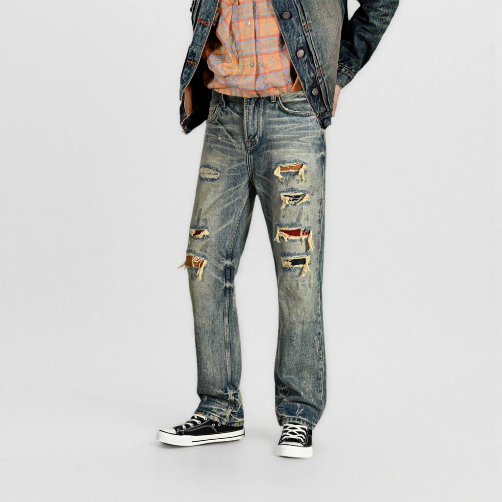 14oz Light Blue Straight Jeans With Whisked Distressed Jeans