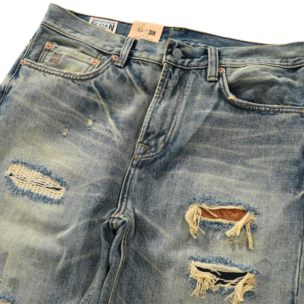 14oz Light Blue Straight Jeans With Whisked Distressed Jeans