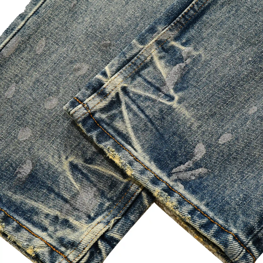 14oz Light Blue Straight Jeans With Whisked Distressed Jeans