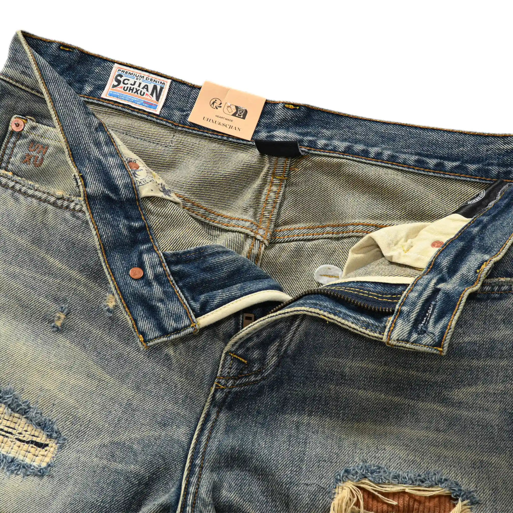 14oz Light Blue Straight Jeans With Whisked Distressed Jeans