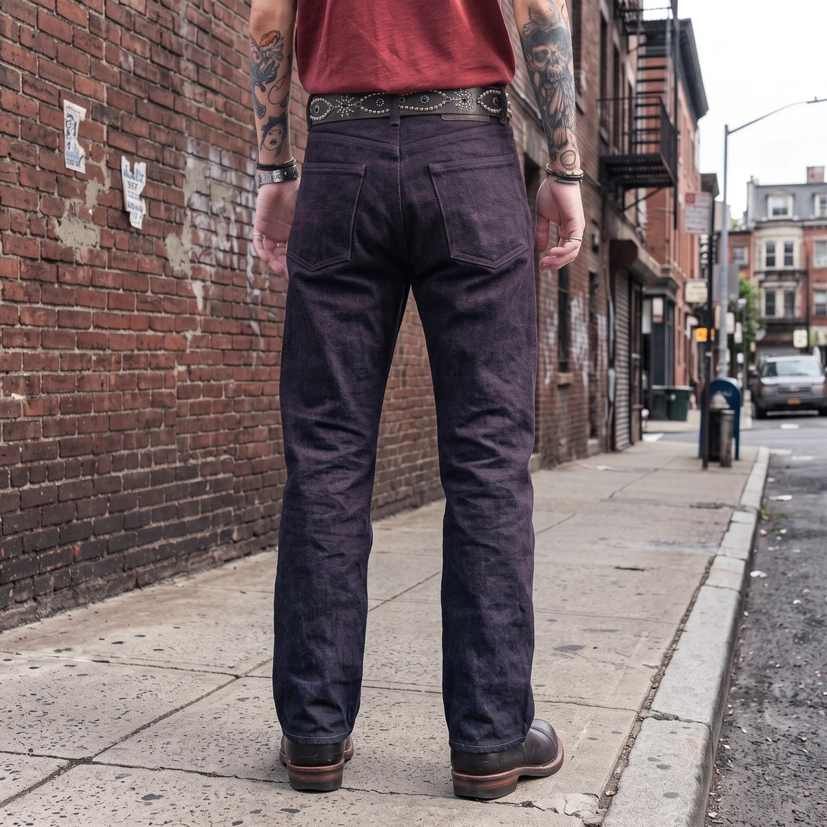 Jean slim droit bleu clair 14 oz à lisière indigo délavée