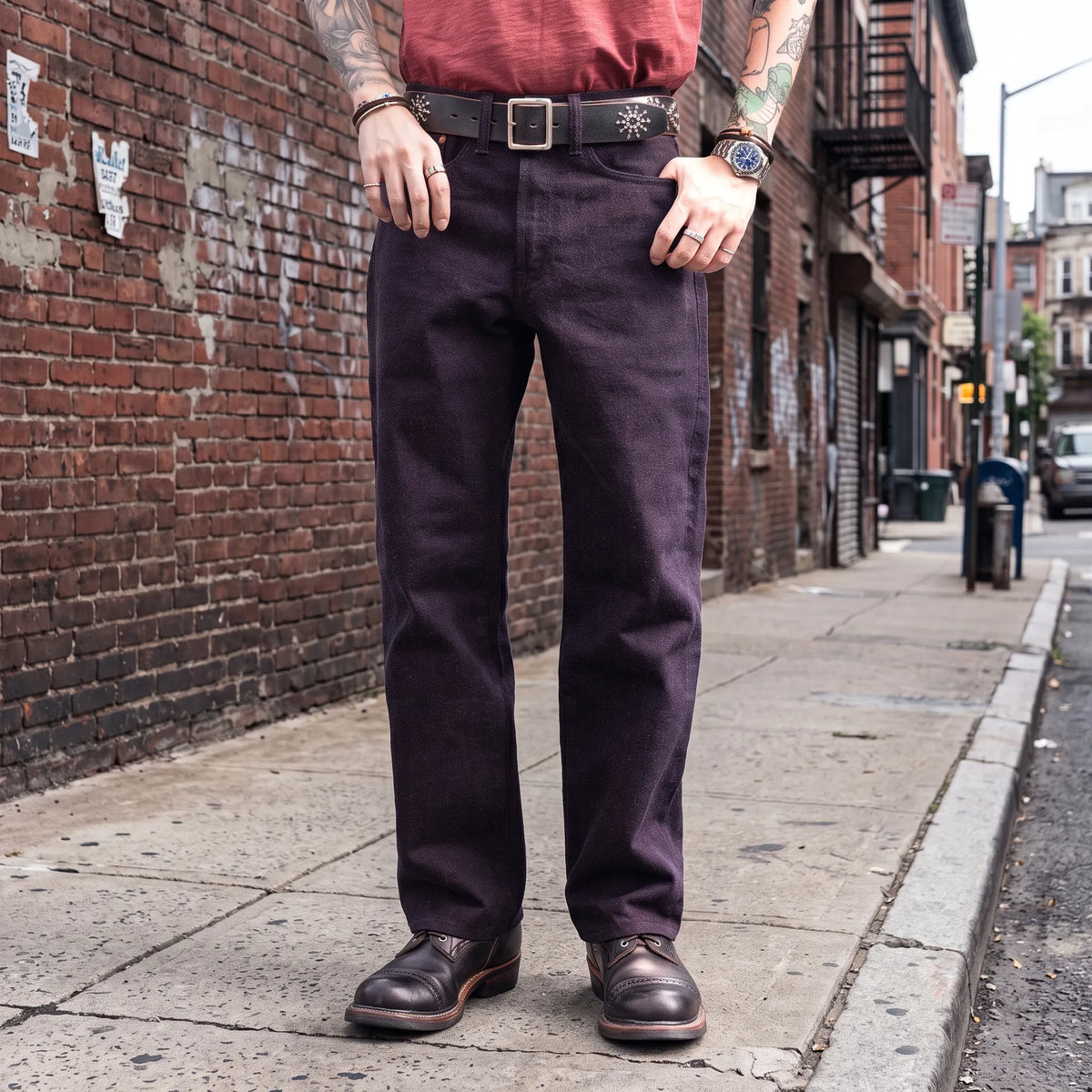 Jean slim droit bleu clair 14 oz à lisière indigo délavée