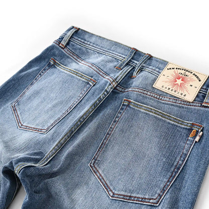 Vintage Blaue Slim Straight Fit Selvedge Jeans mit verblasster Waschung