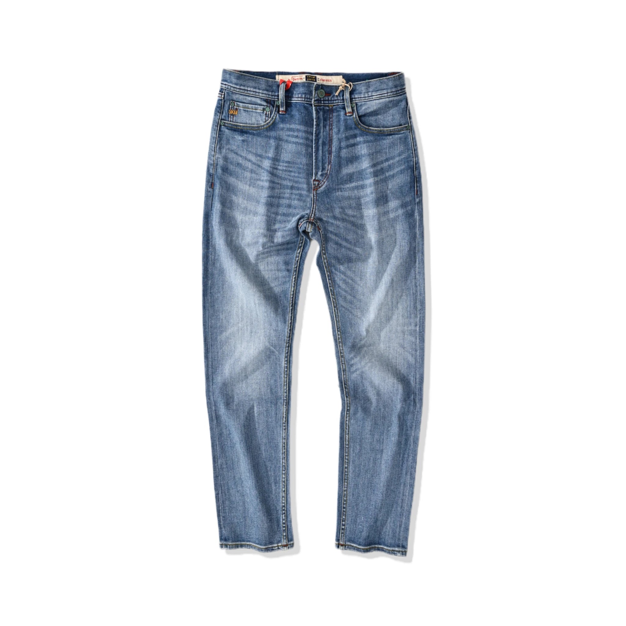Jean selvedge bleu moyen coupe slim 12 oz avec un léger effet flammé