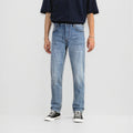 Jean selvedge bleu moyen coupe slim 12 oz avec un léger effet flammé