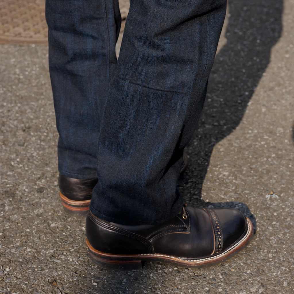 Jean slim droit bleu clair 14 oz à lisière indigo délavée