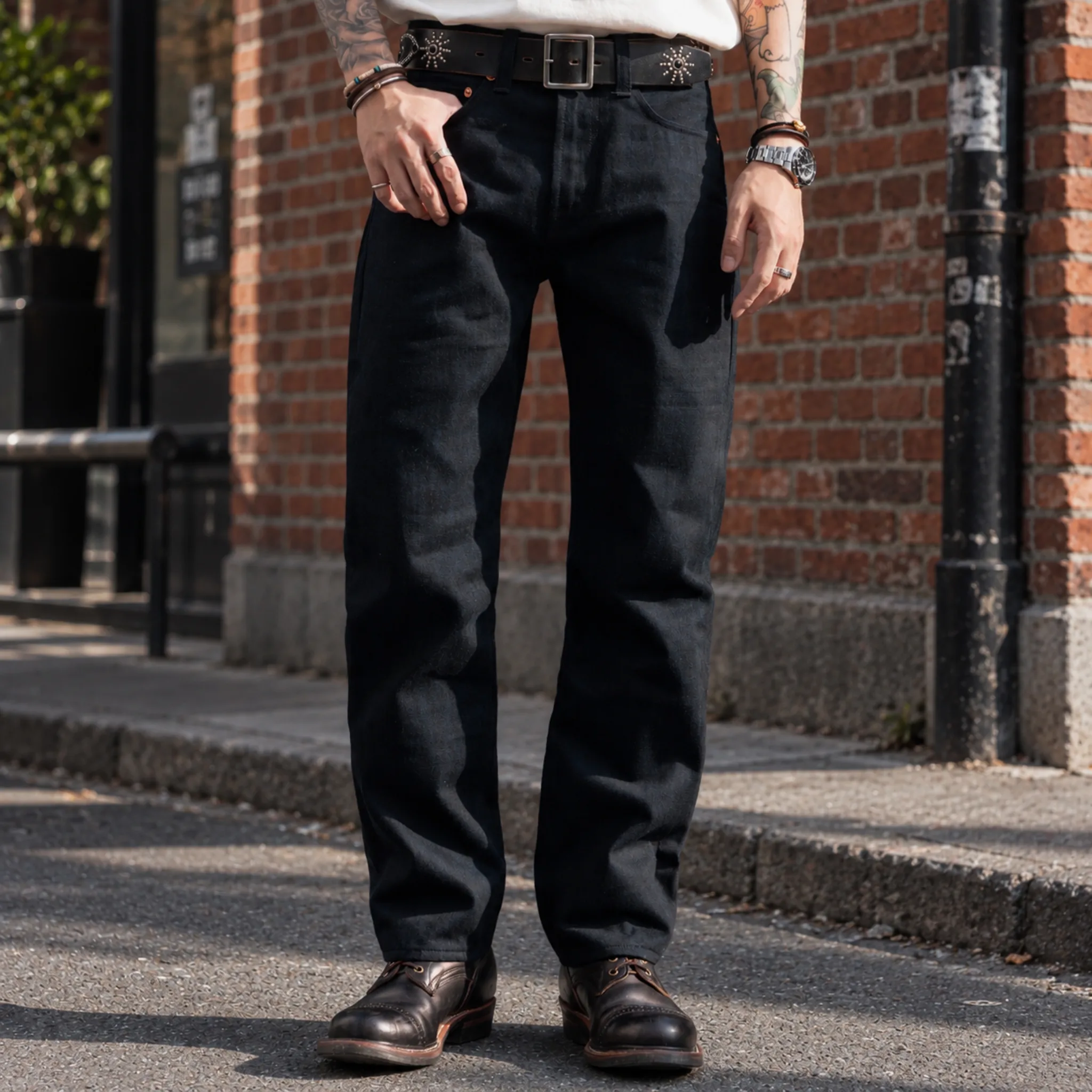 Jean slim droit bleu clair 14 oz à lisière indigo délavée