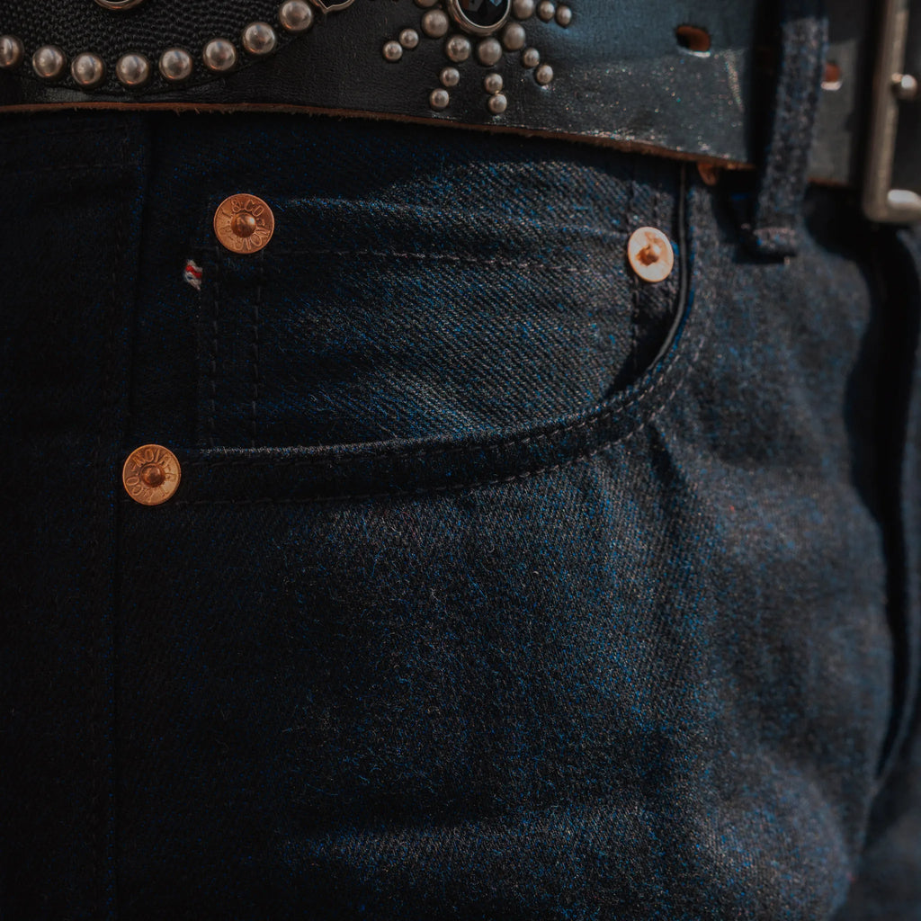 Jean slim droit bleu clair 14 oz à lisière indigo délavée