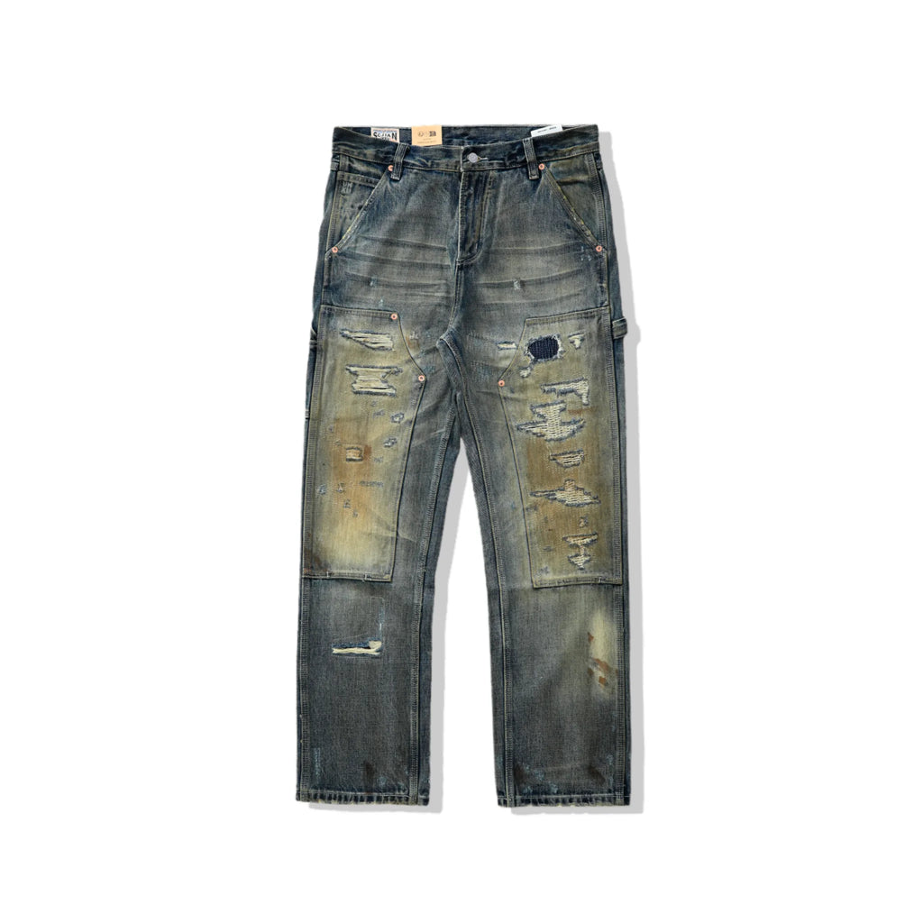 Jean de travail vintage délavé 14 oz, coupe droite