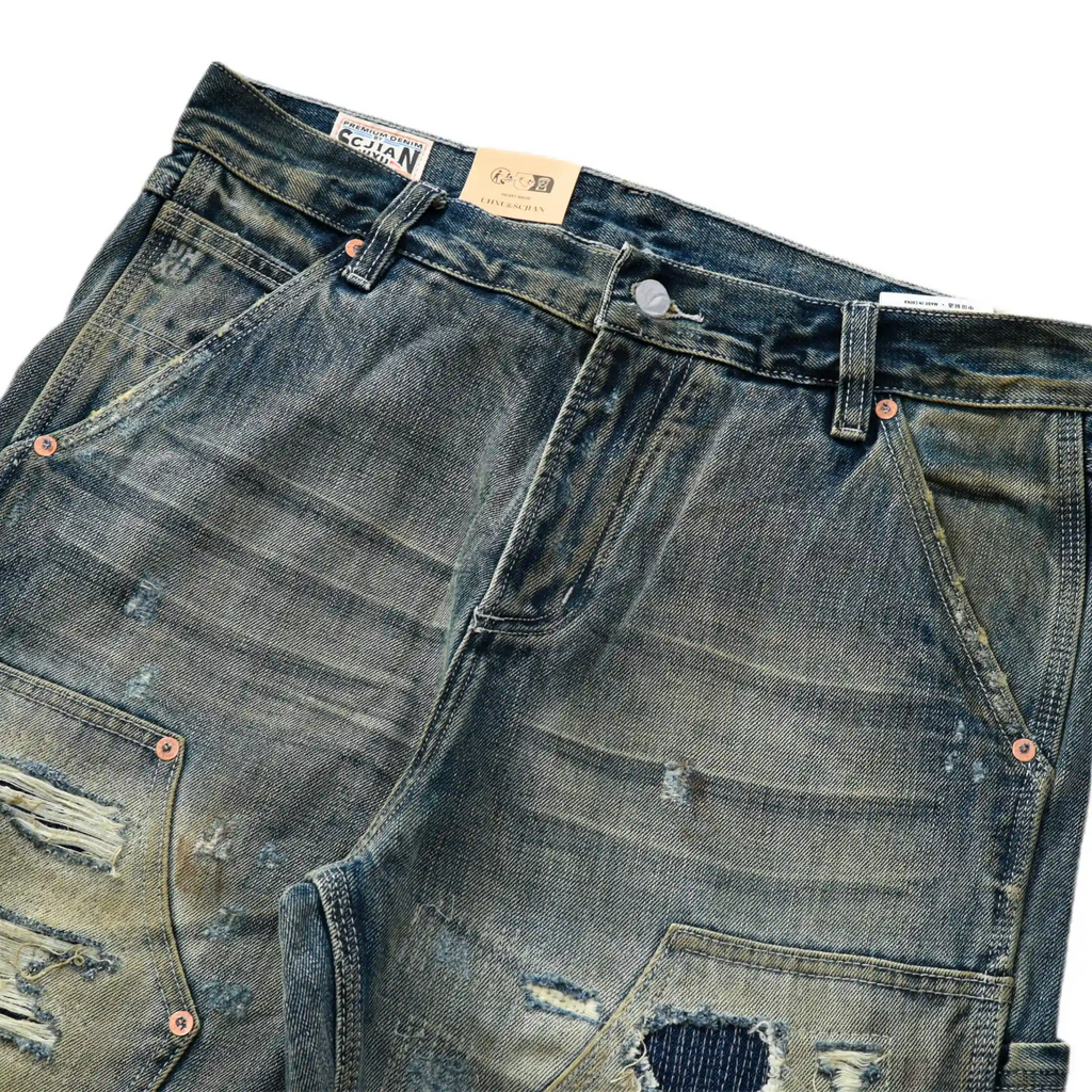 Jean de travail vintage délavé 14 oz, coupe droite