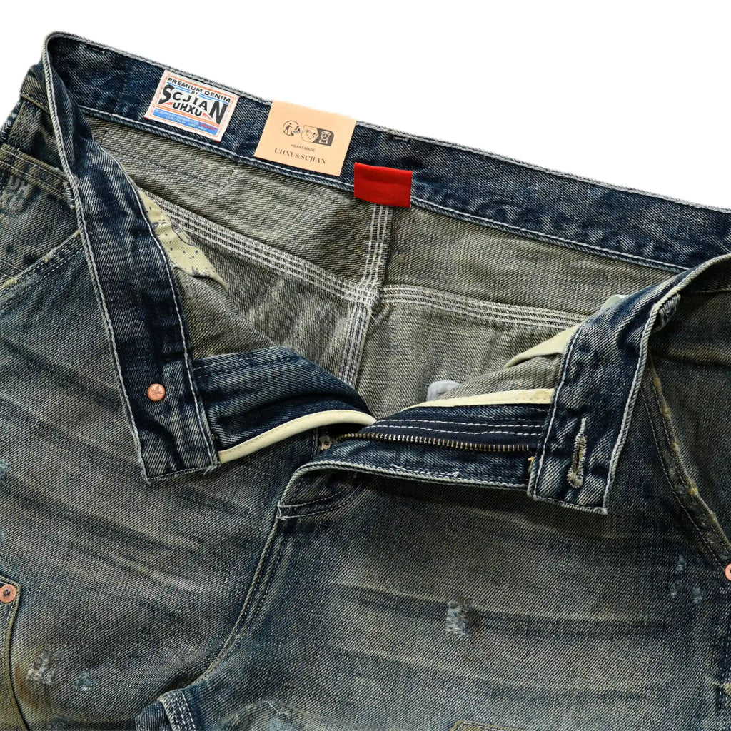 Jean de travail vintage délavé 14 oz, coupe droite