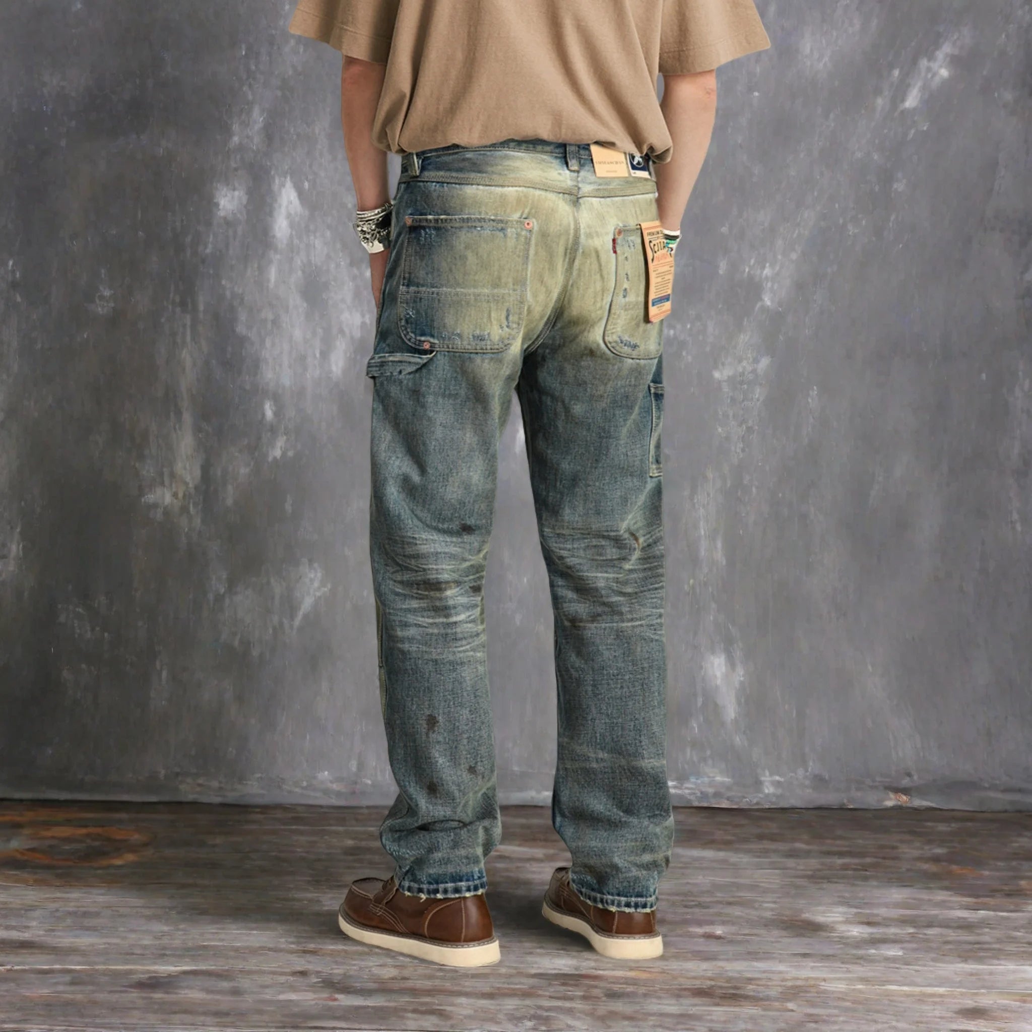 Jean de travail vintage délavé 14 oz, coupe droite