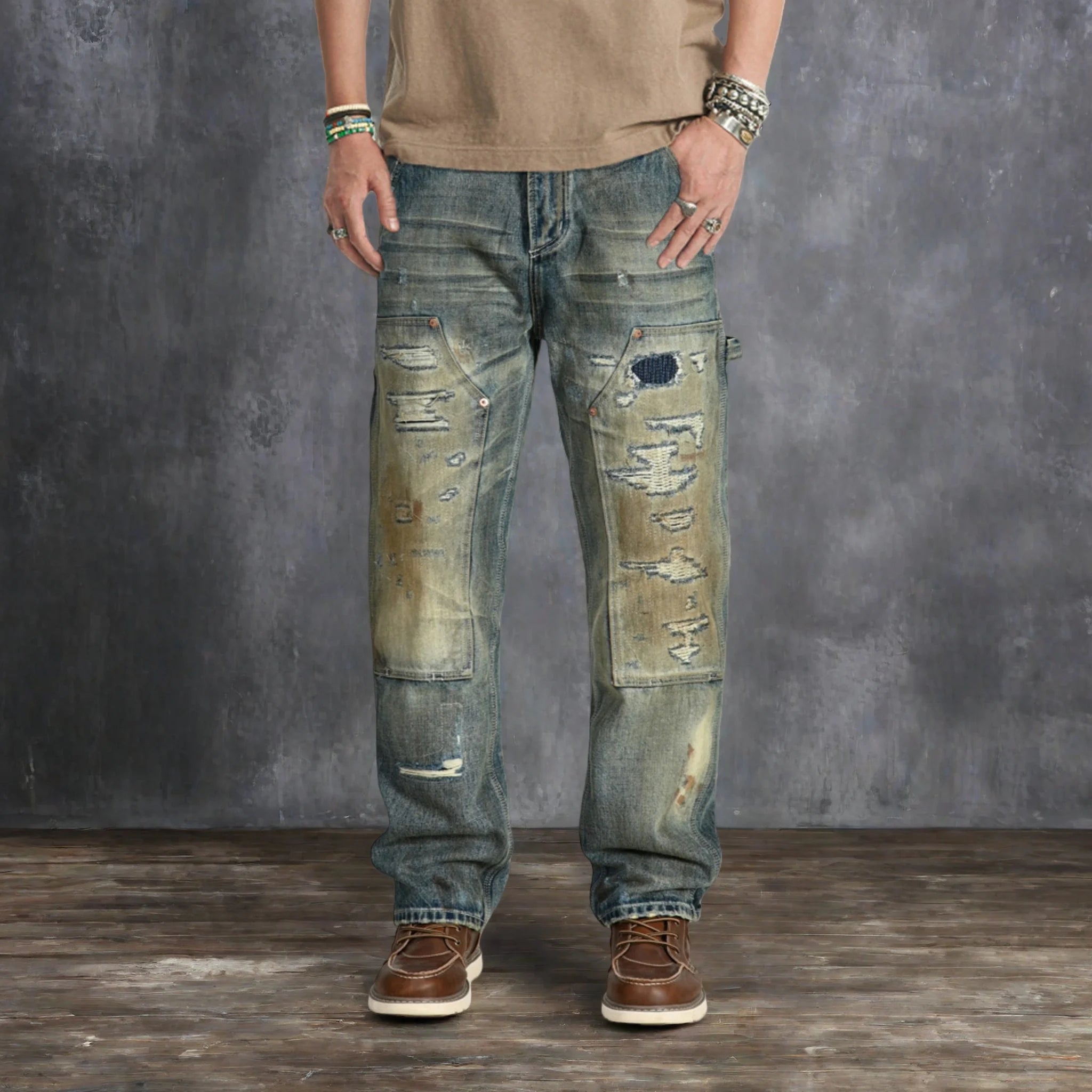 Jean de travail vintage délavé 14 oz, coupe droite