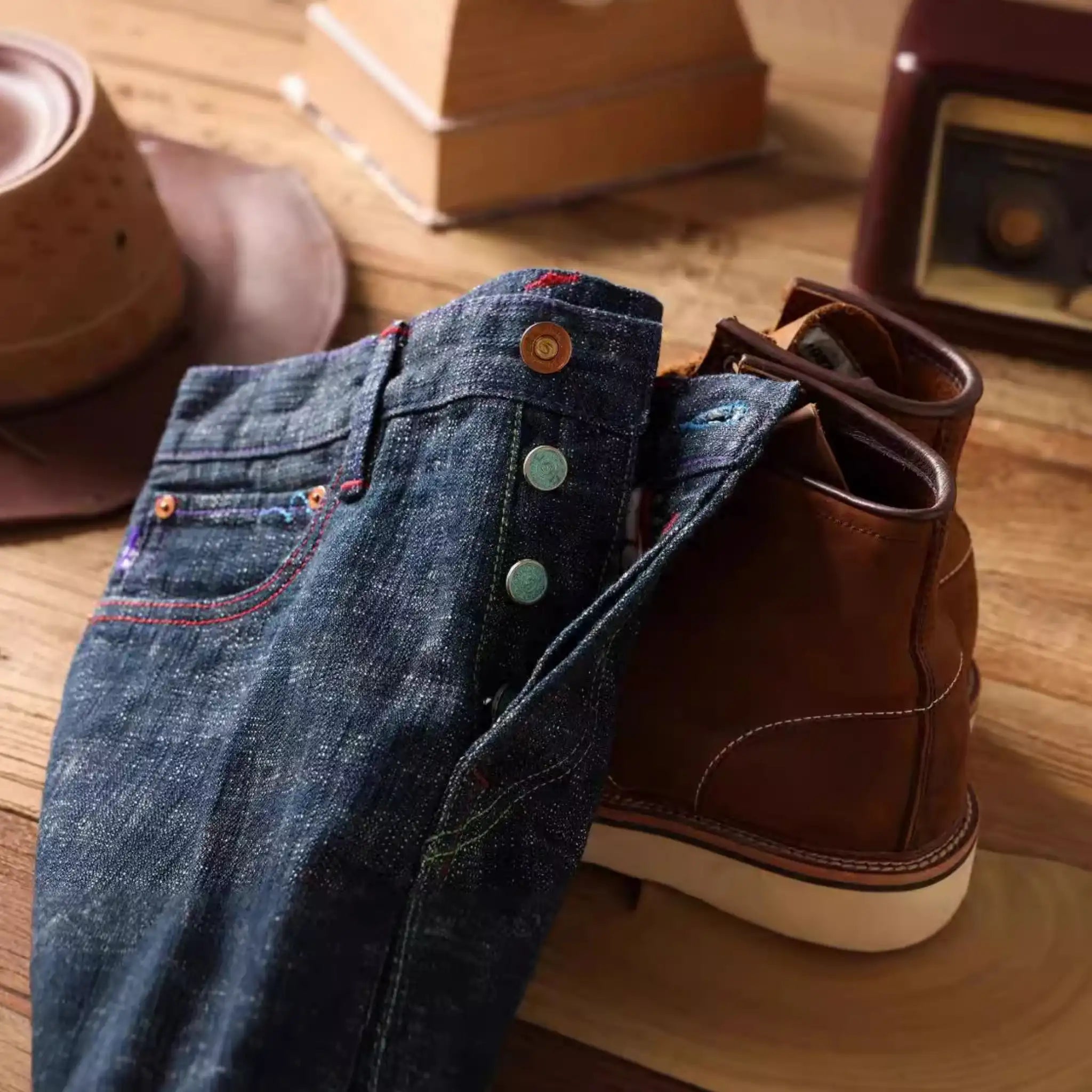 Klassische, blaue 14oz Selvedge-Jeans im Straight Fit