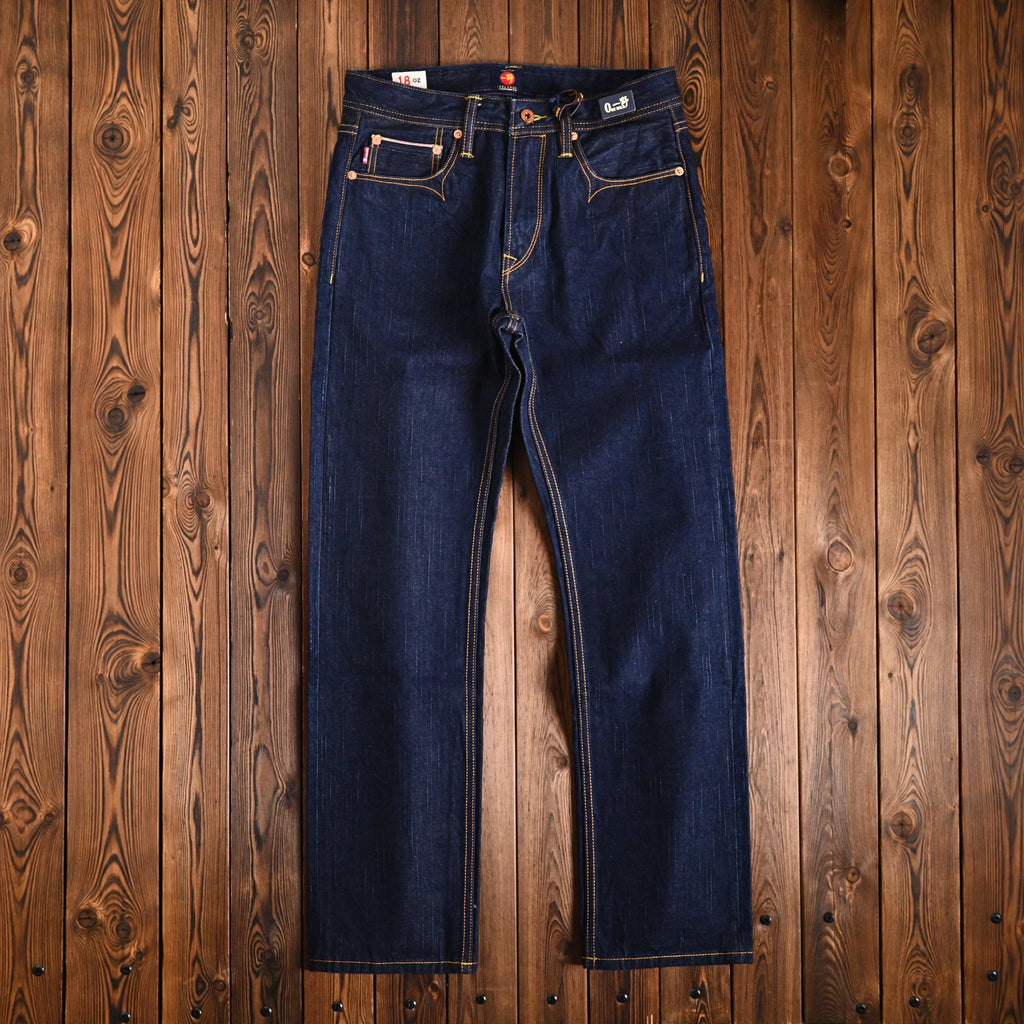 Jean slim droit bleu clair 14 oz à lisière indigo délavée