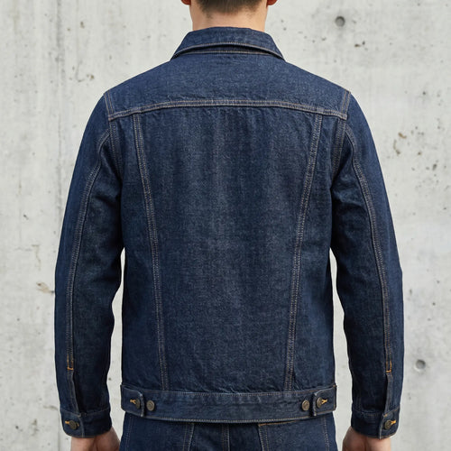 Rear view of model wearing 15oz Sanforized Raw Selvedge Denim Jacket Type II