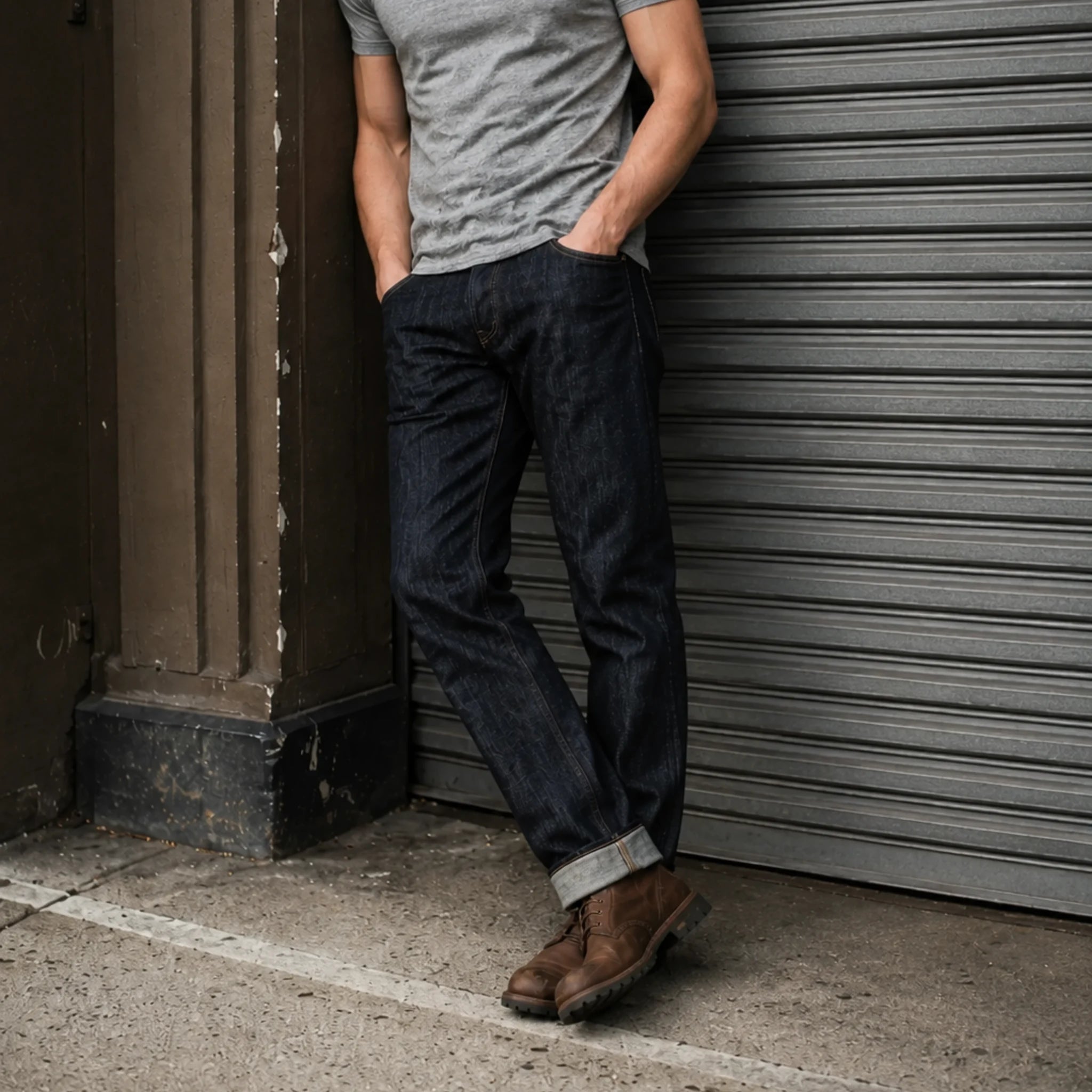 Jean slim droit bleu clair 14 oz à lisière indigo délavée