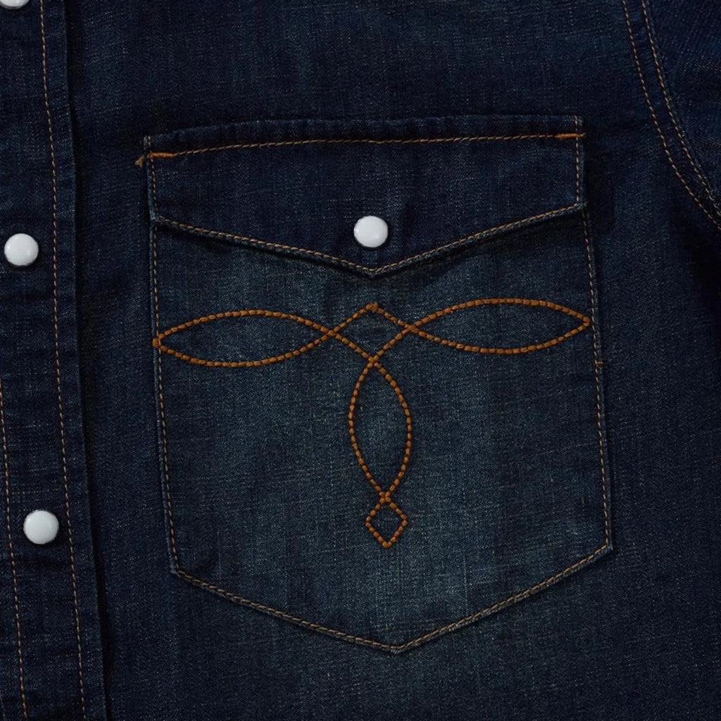 Chemise western vintage en denim délavé avec coutures de poche - Manches courtes