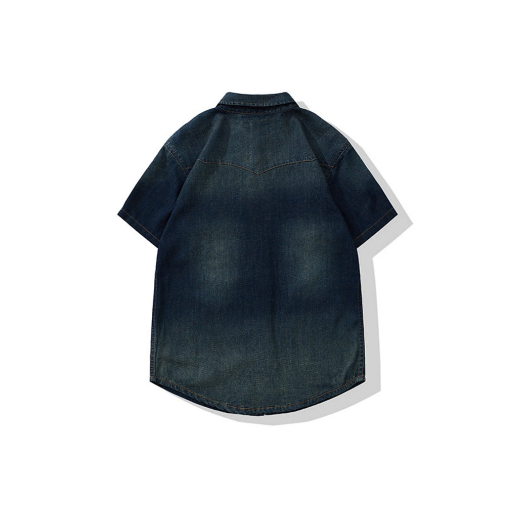 Chemise western vintage en denim délavé avec coutures de poche - Manches courtes