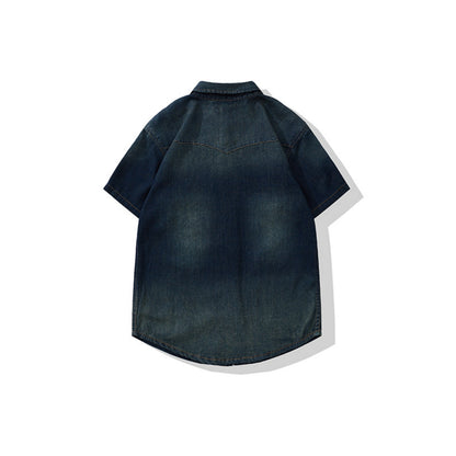 Vintage Washed Western Denim Shirt With Pocket Stitching - Short Sleeve