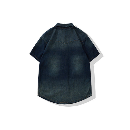 Vintage Washed Western Denim Shirt With Pocket Stitching - Short Sleeve