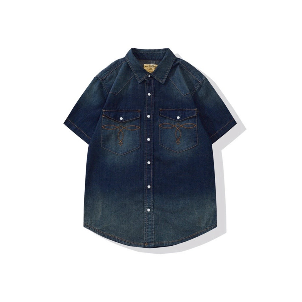 Chemise western vintage en denim délavé avec coutures de poche - Manches courtes
