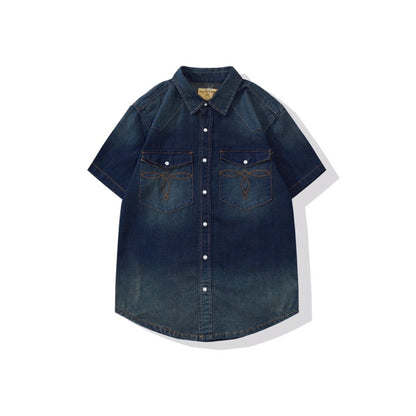 Vintage Washed Western Denim Shirt With Pocket Stitching - Short Sleeve