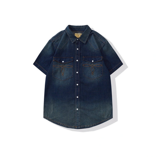Vintage Washed Western Denim Shirt With Pocket Stitching - Short Sleeve