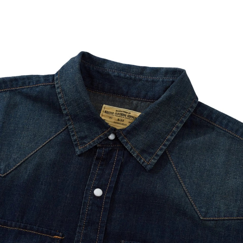 Chemise western vintage en denim délavé avec coutures de poche - Manches courtes