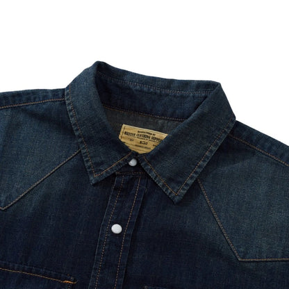 Vintage Washed Western Denim Shirt With Pocket Stitching - Short Sleeve