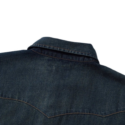Vintage Washed Western Denim Shirt With Pocket Stitching - Short Sleeve