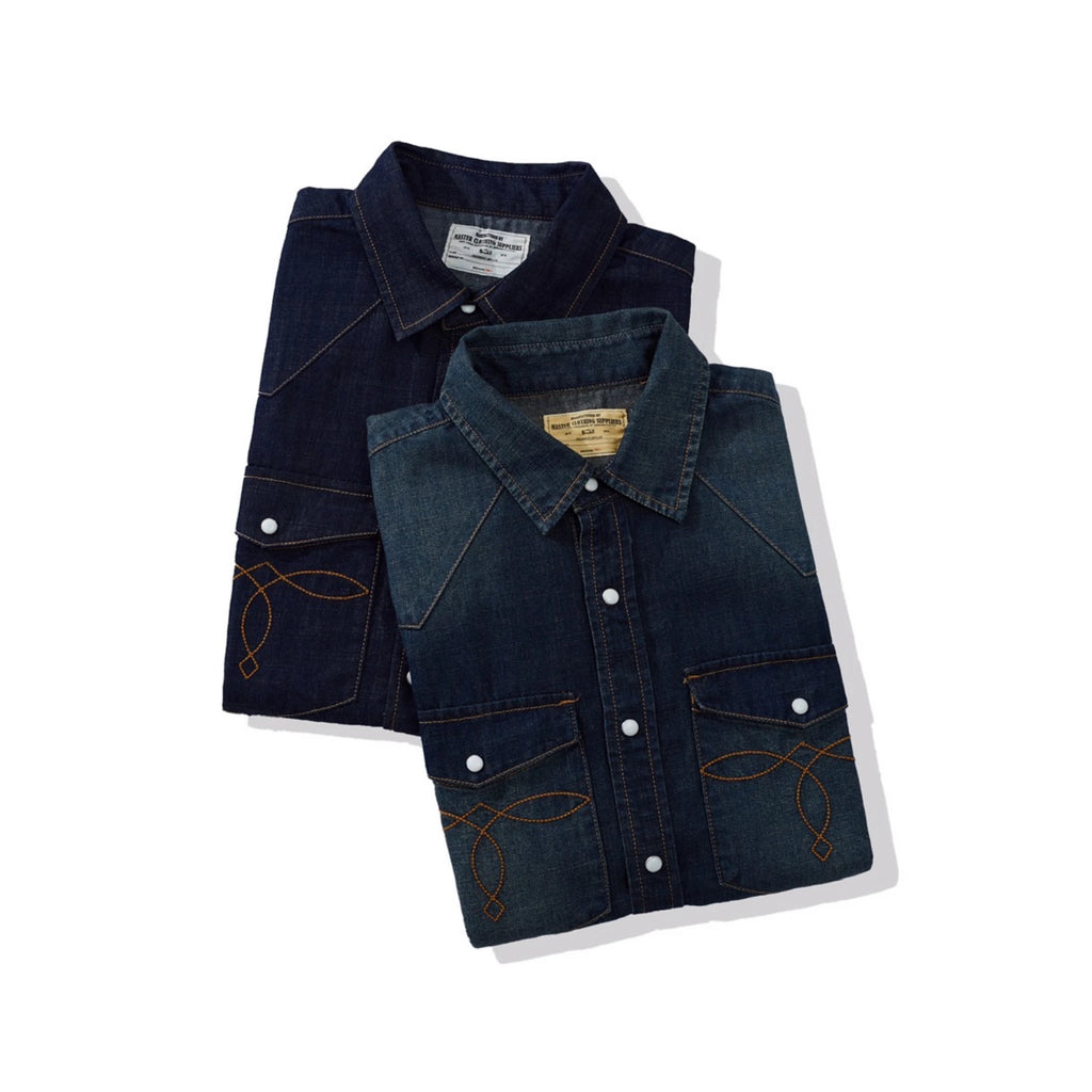Chemise western vintage en denim délavé avec coutures de poche - Manches courtes