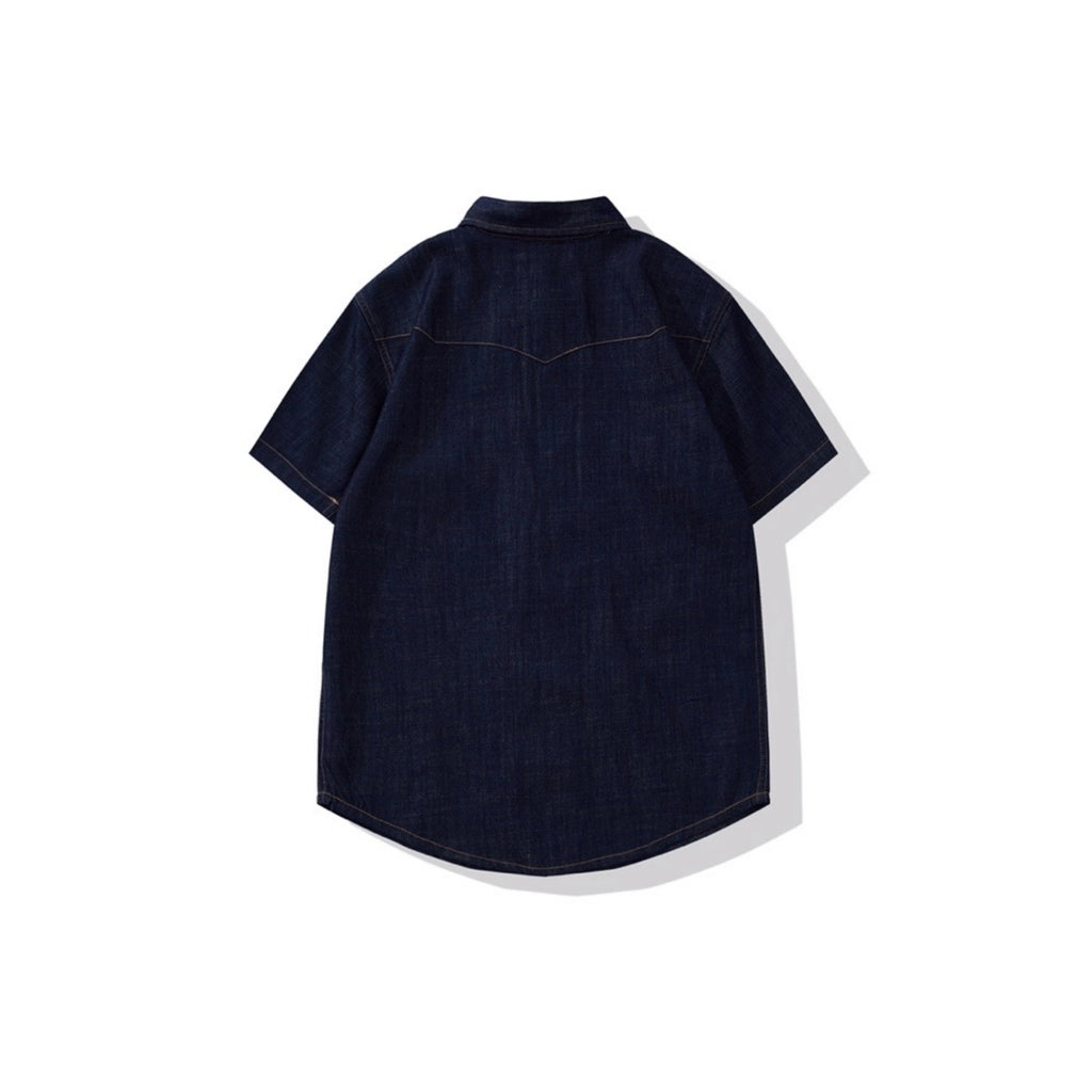 Chemise western vintage en denim délavé avec coutures de poche - Manches courtes