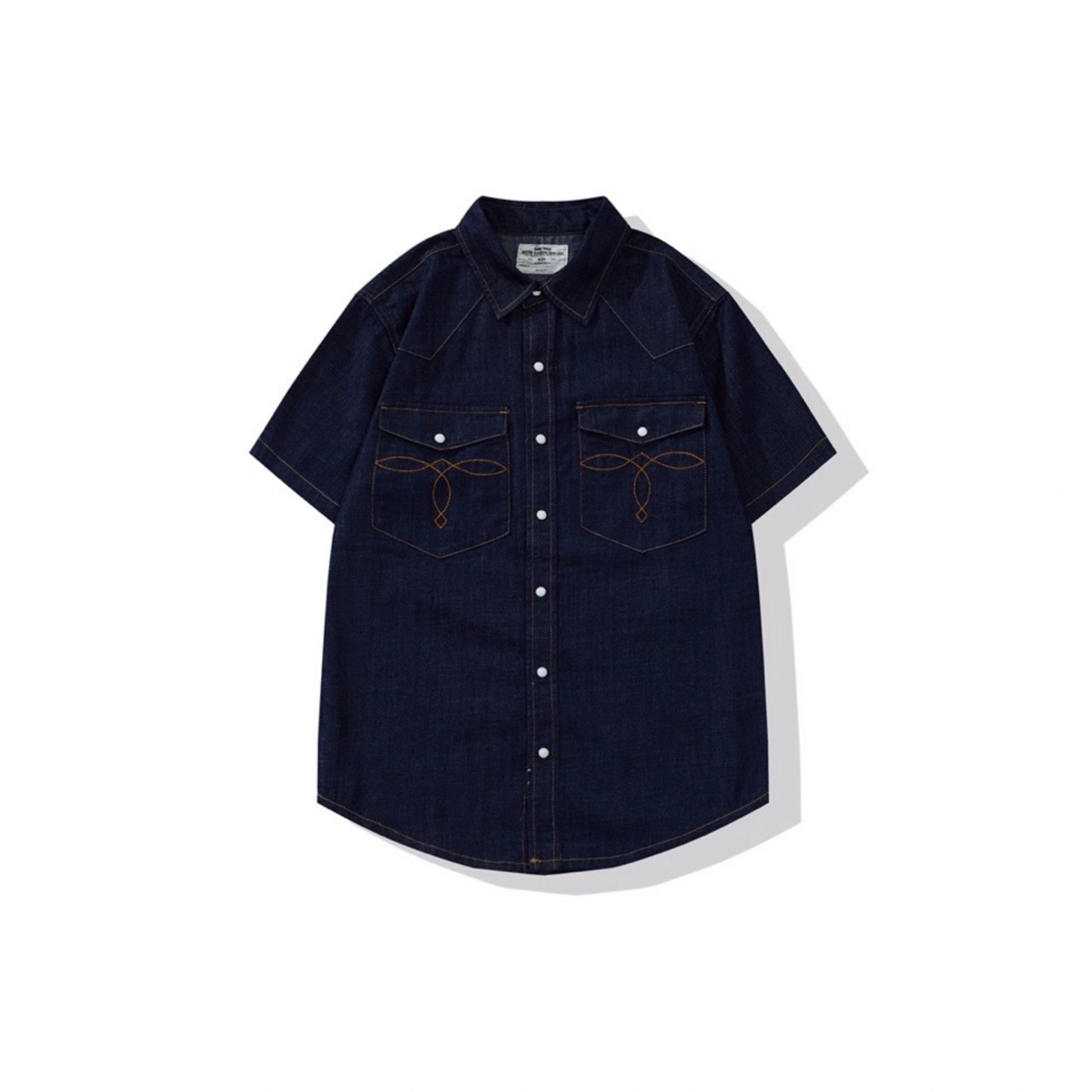 Vintage Washed Western Denim Shirt With Pocket Stitching - Short Sleeve