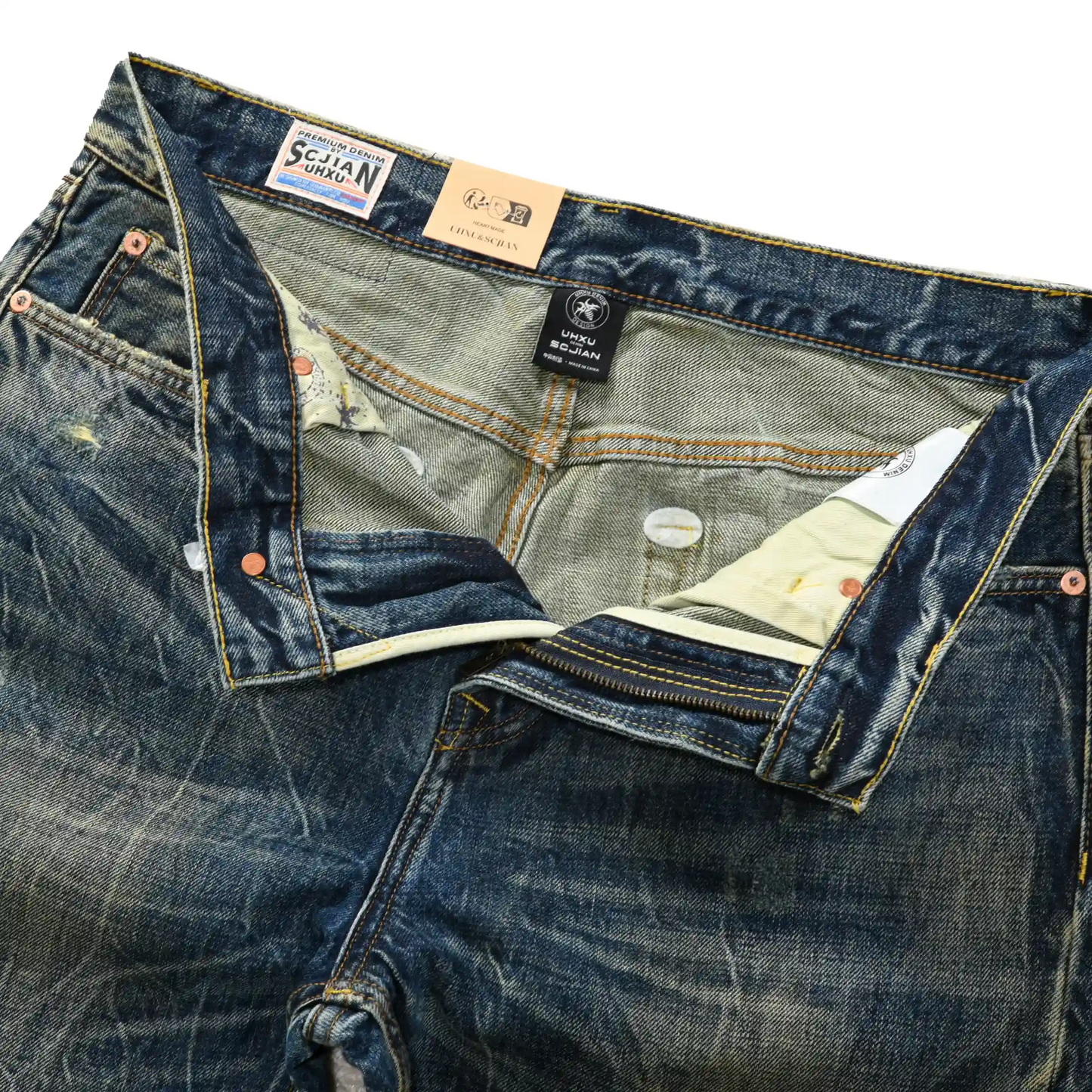 Vintage Blaue Bootcut 11oz Selvedge Jeans mit Distressed-Effekt