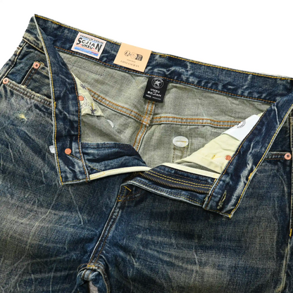 Vintage Blaue Bootcut 11oz Selvedge Jeans mit Distressed-Effekt