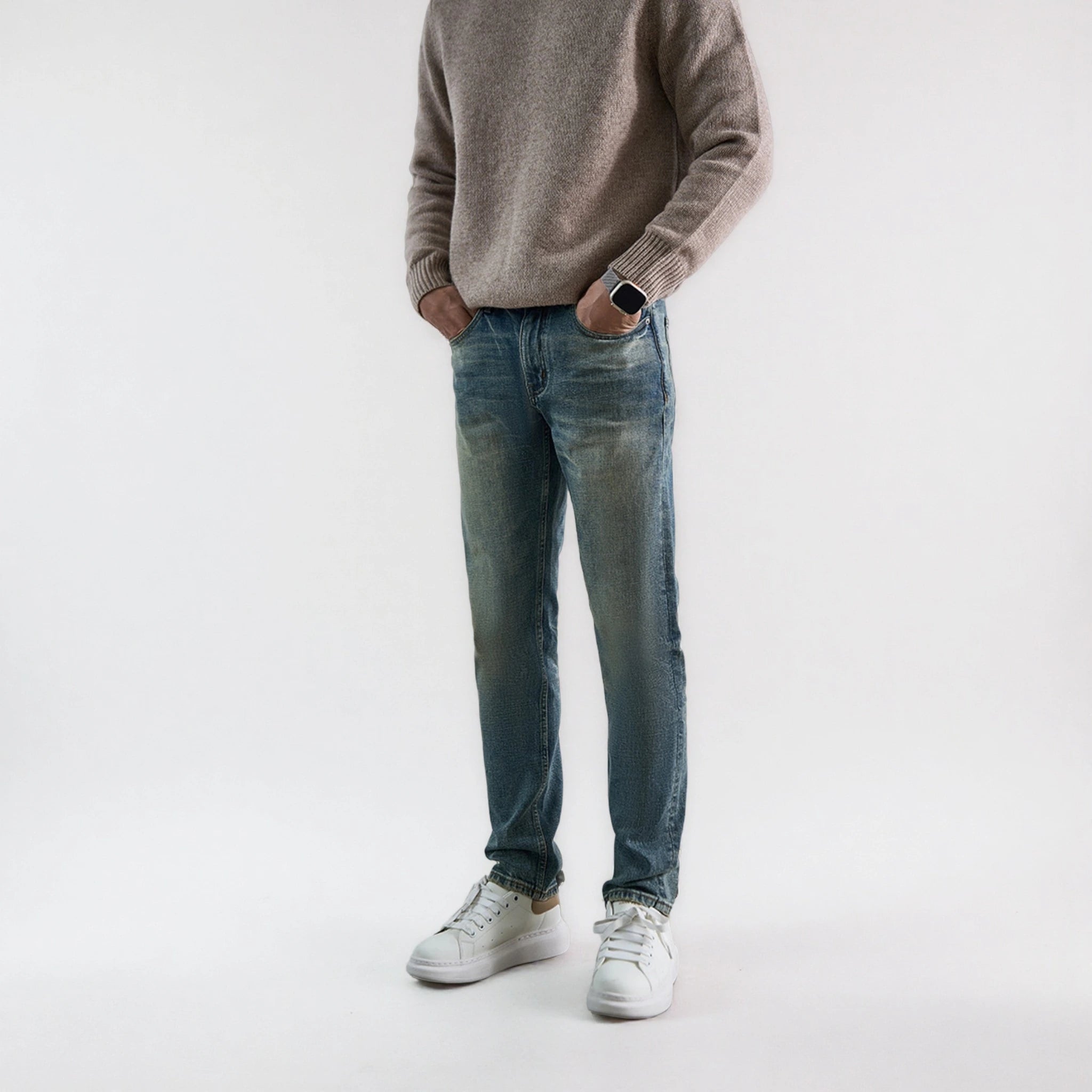 Jean slim droit bleu délavé vintage pour homme